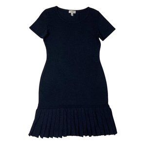 St. John Pleated Dress Wool Dark Blue Scoop Neck Short Sleeve